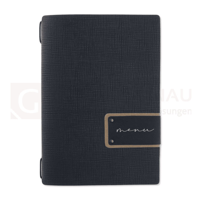 Speisekarte, Serie Chef, gebundenes Leder, schwarz, A4, Kordel schwarz, 1 Doppelfolie